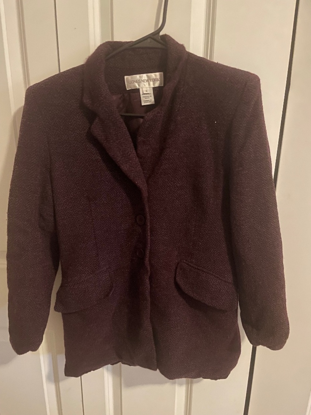 Jones New York Vintage Burgundy wool blend Herringbone Notch Lapel Blazer Size 6